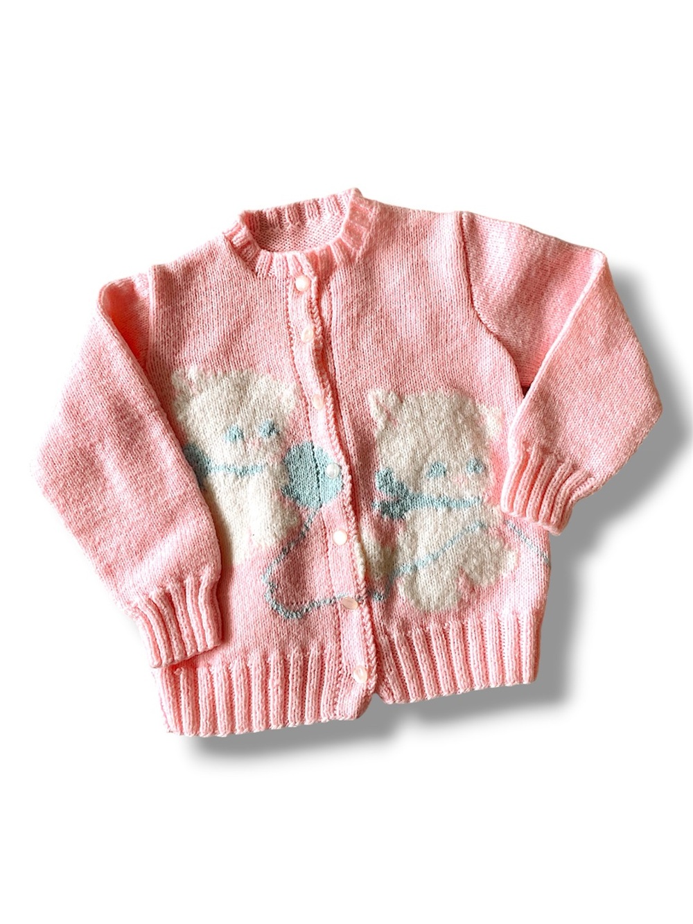 VINTAGE 50s Handmade Hand Knit Cardigan Sweater Button Top Kittens Pink